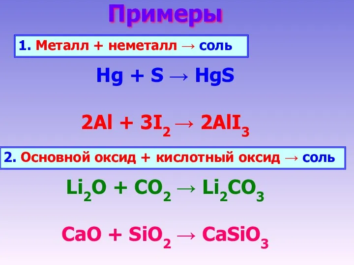 Примеры 1. Металл + неметалл → соль Hg + S →