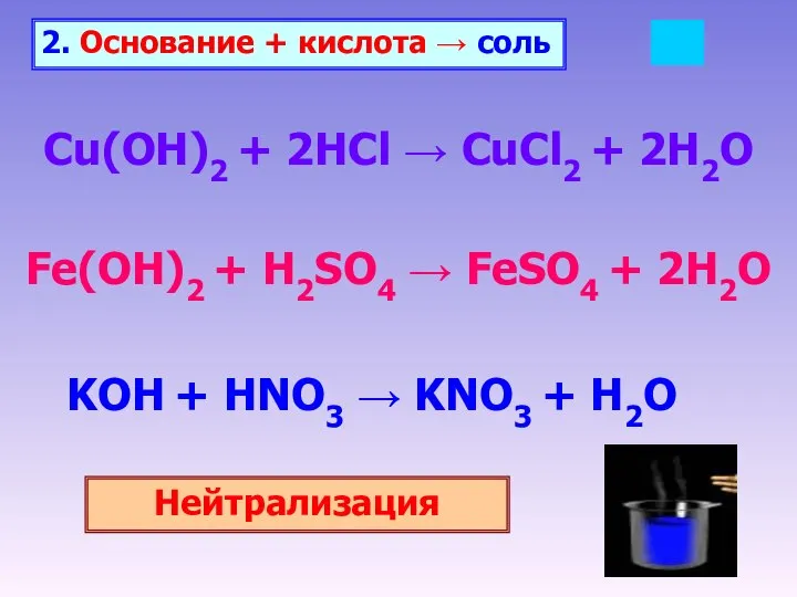 2. Основание + кислота → соль Cu(OH)2 + 2HCl → CuCl2