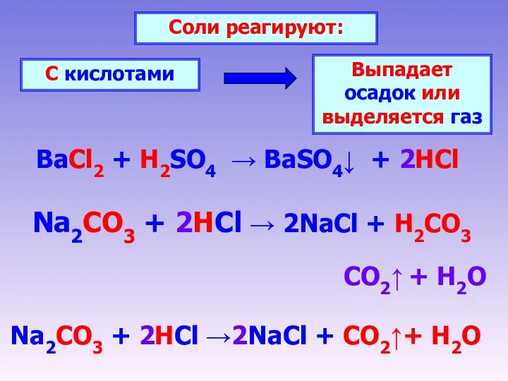 BaCl2 + H2SO4 → BaSO4↓ + 2HCl Соли реагируют: С кислотами