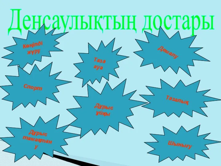 Денсаулықтың достары Көңілді жүру Спорт Таза ауа Дұрыс тамақтану Демалу Дұрыс ұйқы Шынығу Тазалық