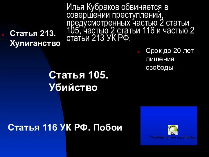 Илья Кубраков обвиняется в совершении преступлений, предусмотренных частью 2 статьи 105,