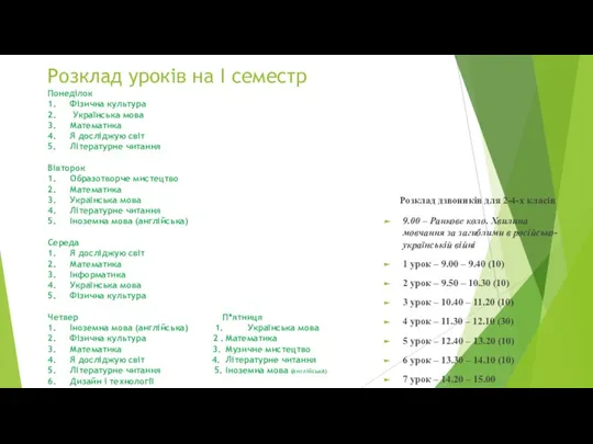 Розклад уроків на І семестр Понеділок 1. Фізична культура 2. Українська