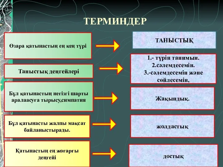 ТЕРМИНДЕР Өзара қатынастың ең кең түрі Таныстық деңгейлері Бұл қатынастың негізгі