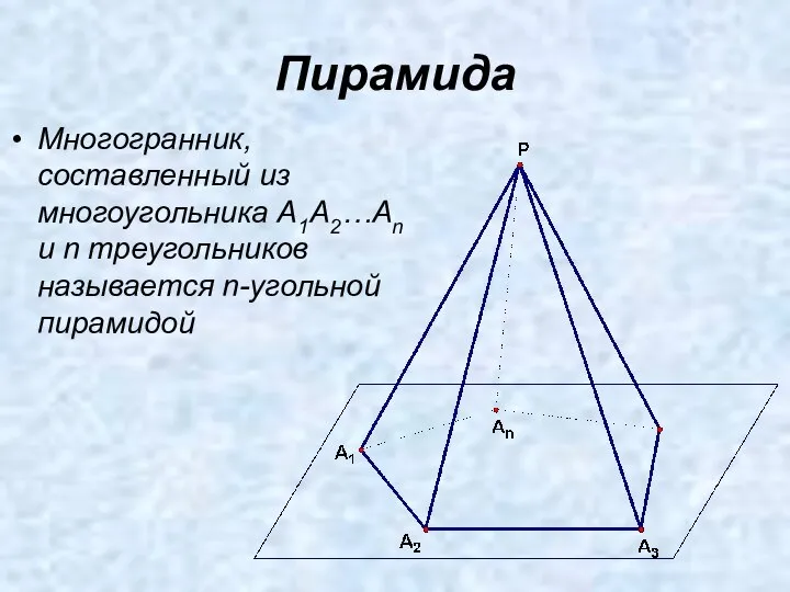 Пирамида Многогранник, составленный из многоугольника A1A2…An и n треугольников называется n-угольной пирамидой