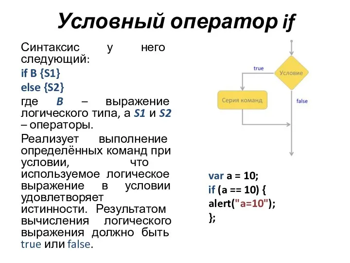 Условный оператор if Синтаксис у него следующий: if B {S1} else