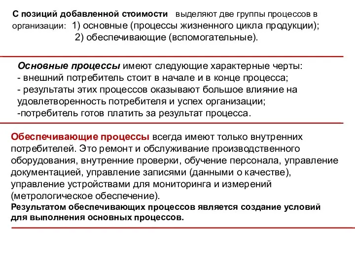 С позиций добавленной стоимости выделяют две группы процессов в организации: 1)