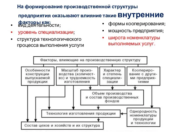 На формирование производственной структуры предприятия оказывают влияние такие внутренние факторы как: