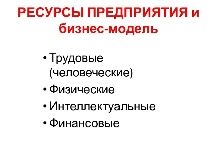 РЕСУРСЫ ПРЕДПРИЯТИЯ и бизнес-модель Трудовые (человеческие) Физические Интеллектуальные Финансовые