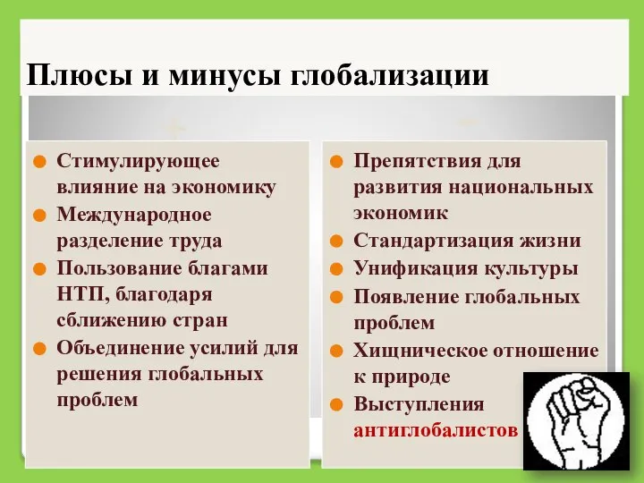 Плюсы и минусы глобализации + Стимулирующее влияние на экономику Международное разделение