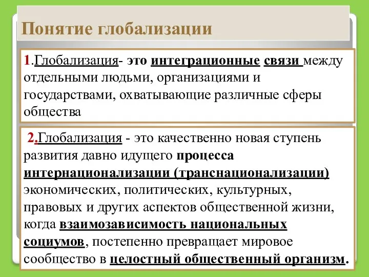 Понятие глобализации 1.Глобализация- это интеграционные связи между отдельными людьми, организациями и