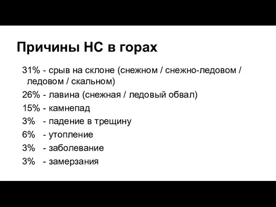 Причины НС в горах 31% - срыв на склоне (снежном /