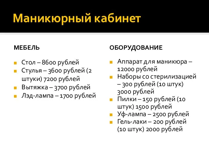 Маникюрный кабинет МЕБЕЛЬ Стол – 8600 рублей Стулья – 3600 рублей