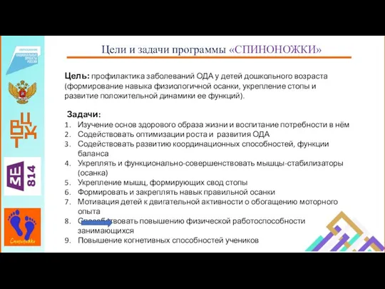 Цели и задачи программы «СПИНОНОЖКИ» Цель: профилактика заболеваний ОДА у детей