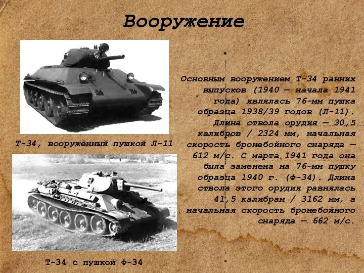 Вооружение « Основным вооружением Т-34 ранних выпусков (1940 — начала 1941