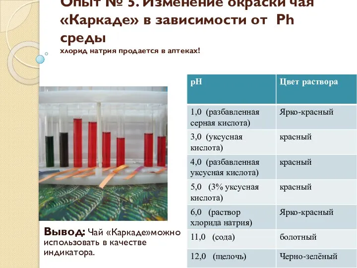 Опыт № 5. Изменение окраски чая «Каркаде» в зависимости от Ph