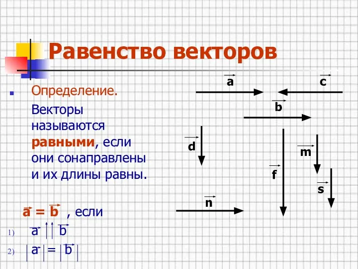 Равенство векторов Определение. Векторы называются равными, если они сонаправлены и их