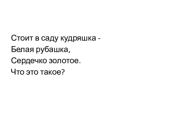 Стоит в саду кудряшка - Белая рубашка, Сердечко золотое. Что это такое?