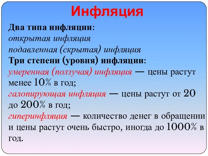 Инфляция Два типа инфляции: открытая инфляция подавленная (скрытая) инфляция Три степени