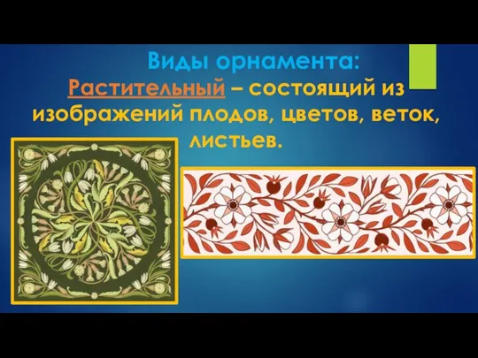 Виды орнамента: Растительный – состоящий из изображений плодов, цветов, веток, листьев.