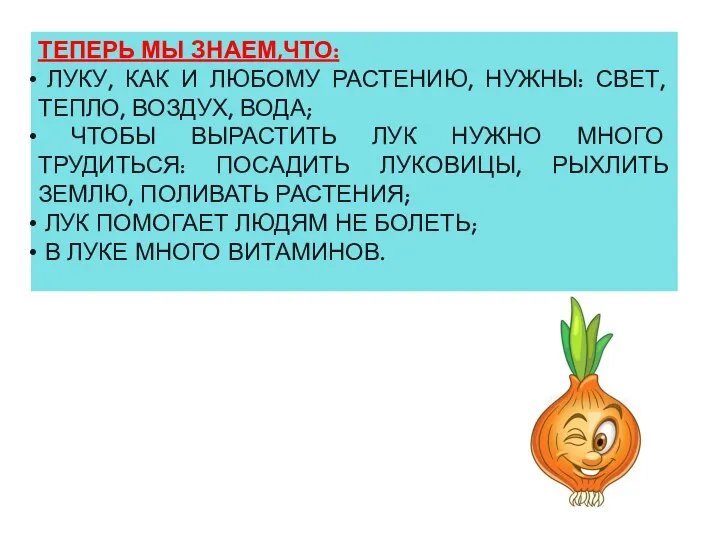 ТЕПЕРЬ МЫ ЗНАЕМ,ЧТО: ЛУКУ, КАК И ЛЮБОМУ РАСТЕНИЮ, НУЖНЫ: СВЕТ, ТЕПЛО,