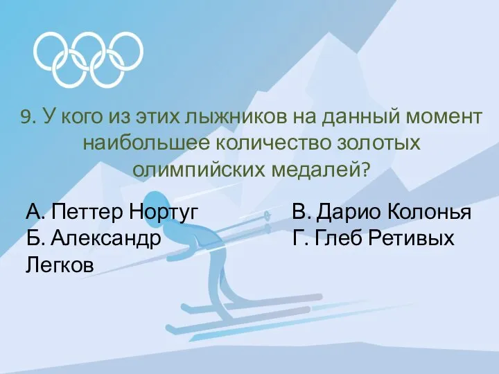 9. У кого из этих лыжников на данный момент наибольшее количество