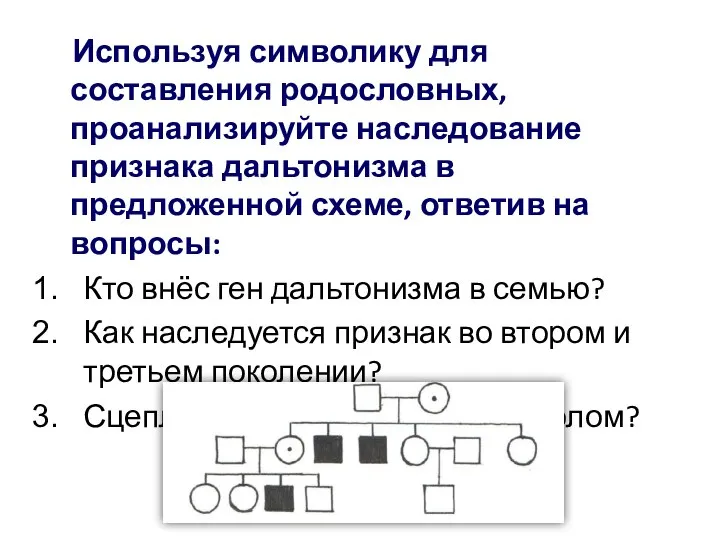 Используя символику для составления родословных, проанализируйте наследование признака дальтонизма в предложенной