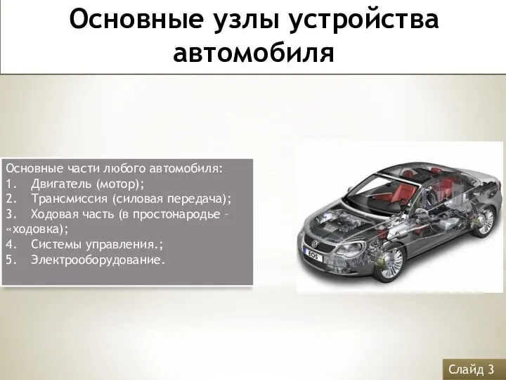 Основные узлы устройства автомобиля Основные части любого автомобиля: 1. Двигатель (мотор);