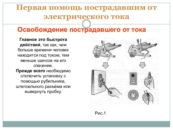 Первая помощь пострадавшим от электрического тока Освобождение пострадавшего от тока Главное