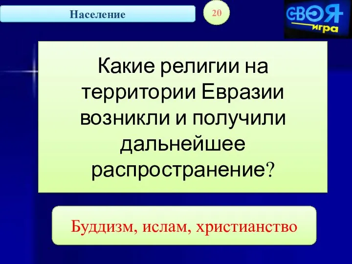 Население 20 Какие религии на территории Евразии возникли и получили дальнейшее распространение? Буддизм, ислам, христианство