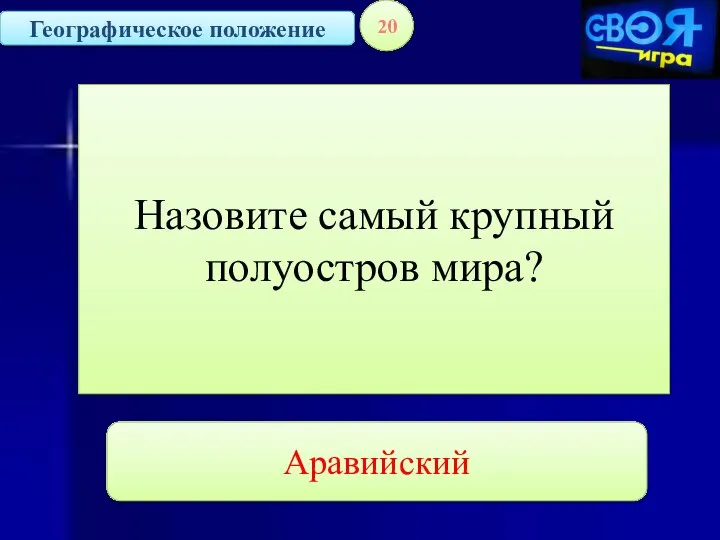 Географическое положение 20 Назовите самый крупный полуостров мира? Аравийский