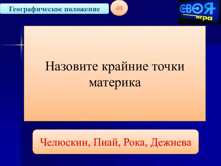 Географическое положение 40 Назовите крайние точки материка Челюскин, Пиай, Рока, Дежнева