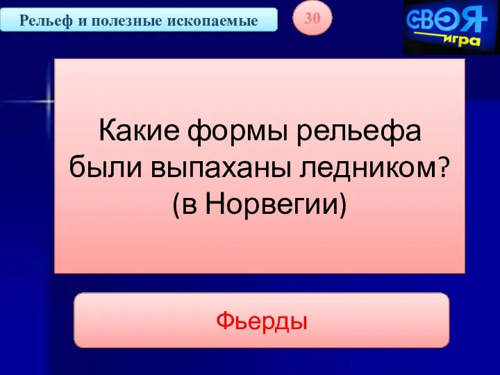 Рельеф и полезные ископаемые 30 Какие формы рельефа были выпаханы ледником? (в Норвегии) Фьерды