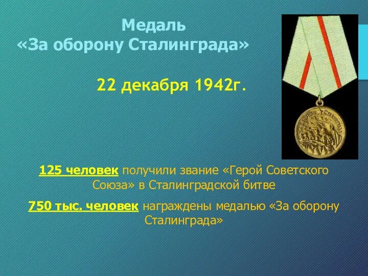22 декабря 1942г. 125 человек получили звание «Герой Советского Союза» в