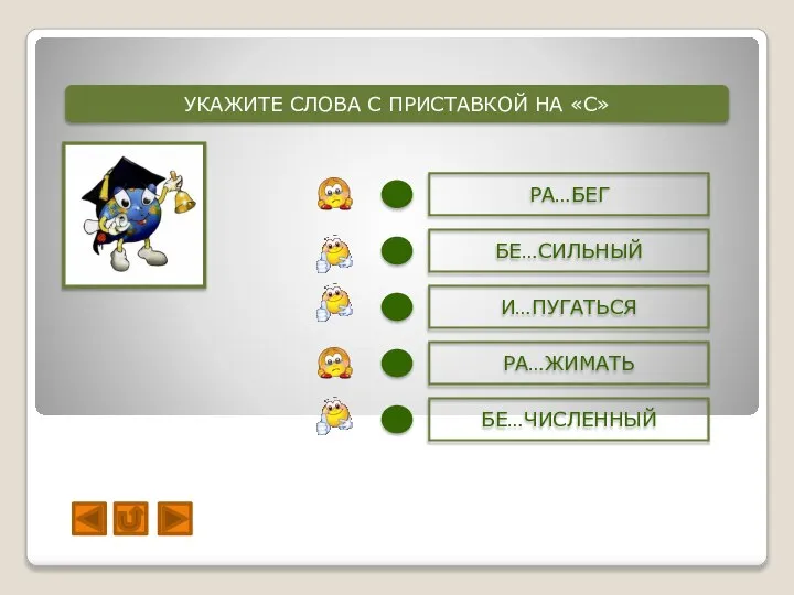 УКАЖИТЕ СЛОВА С ПРИСТАВКОЙ НА «С» РА…БЕГ БЕ…СИЛЬНЫЙ РА…ЖИМАТЬ БЕ…ЧИСЛЕННЫЙ И…ПУГАТЬСЯ