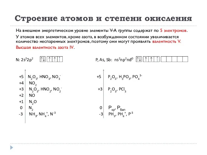 Строение атомов и степени окисления На внешнем энергетическом уровне элементы V-A