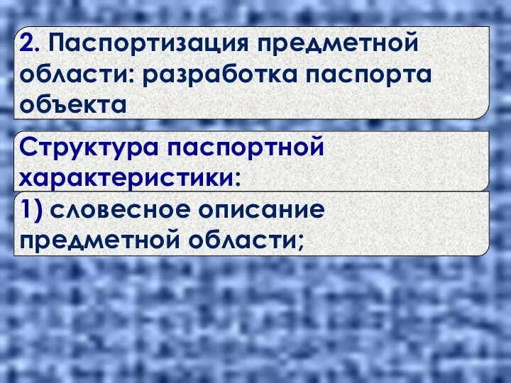 2. Паспортизация предметной области: разработка паспорта объекта Структура паспортной характеристики: 1) словесное описание предметной области;