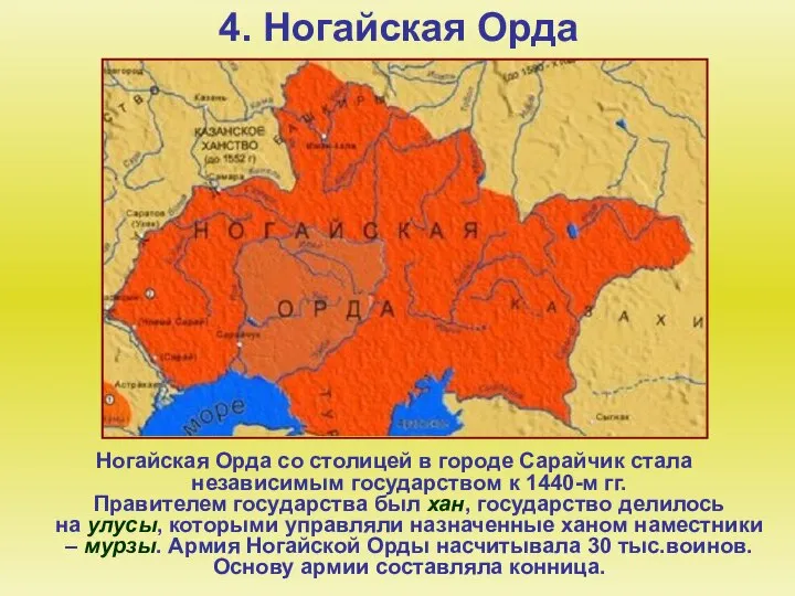 4. Ногайская Орда Ногайская Орда со столицей в городе Сарайчик стала