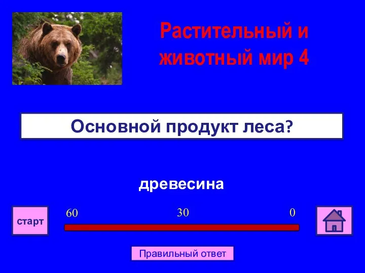 древесина Основной продукт леса? 0 30 60 старт Правильный ответ Растительный и животный мир 4