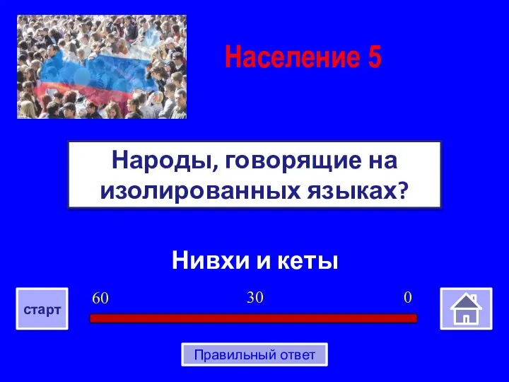 Нивхи и кеты Народы, говорящие на изолированных языках? Население 5 0 30 60 старт Правильный ответ