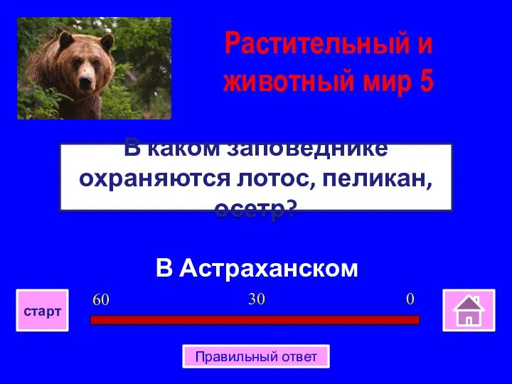 В Астраханском В каком заповеднике охраняются лотос, пеликан, осетр? 0 30