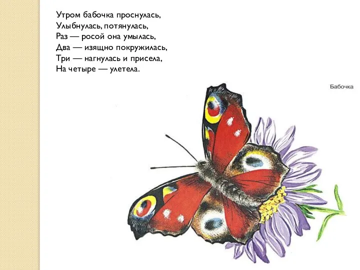 Утром бабочка проснулась, Улыбнулась, потянулась, Раз — росой она умылась, Два