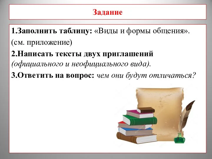 Задание 1.Заполнить таблицу: «Виды и формы общения». (см. приложение) 2.Написать тексты