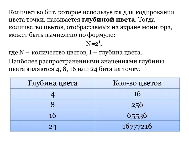 Количество бит, которое используется для кодирования цвета точки, называется глубиной цвета.