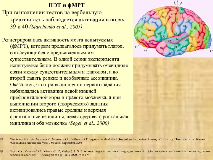 ПЭТ и фМРТ При выполнении тестов на вербальную креативность наблюдается активация