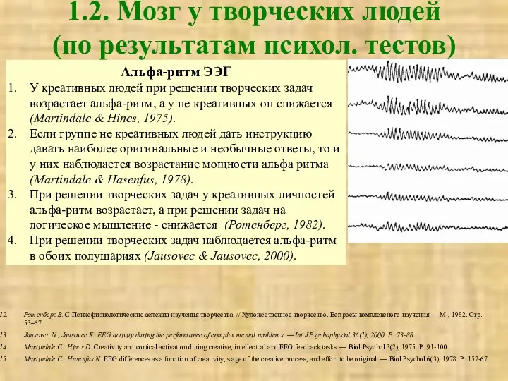 1.2. Мозг у творческих людей (по результатам психол. тестов) Альфа-ритм ЭЭГ