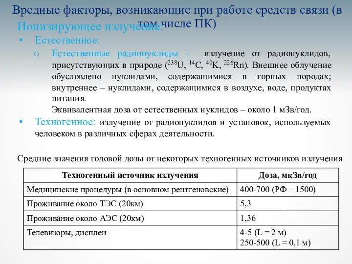 Вредные факторы, возникающие при работе средств связи (в том числе ПК)