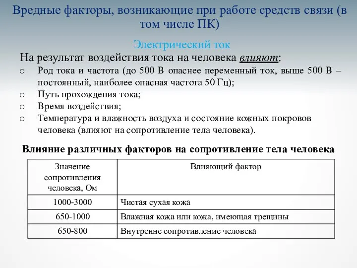 Вредные факторы, возникающие при работе средств связи (в том числе ПК)