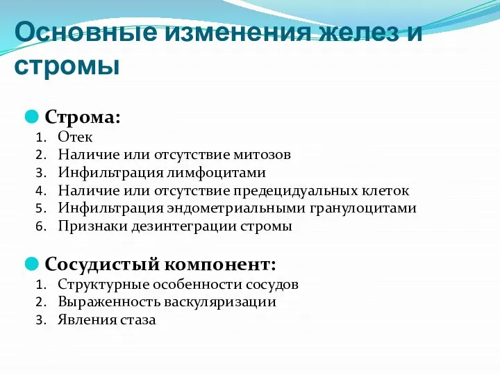 Строма: Отек Наличие или отсутствие митозов Инфильтрация лимфоцитами Наличие или отсутствие