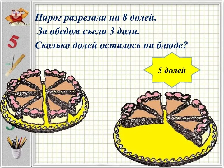 Пирог разрезали на 8 долей. За обедом съели 3 доли. Сколько