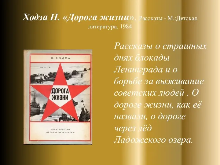 Ходза Н. «Дорога жизни». Рассказы - М.:Детская литература, 1984 Рассказы о